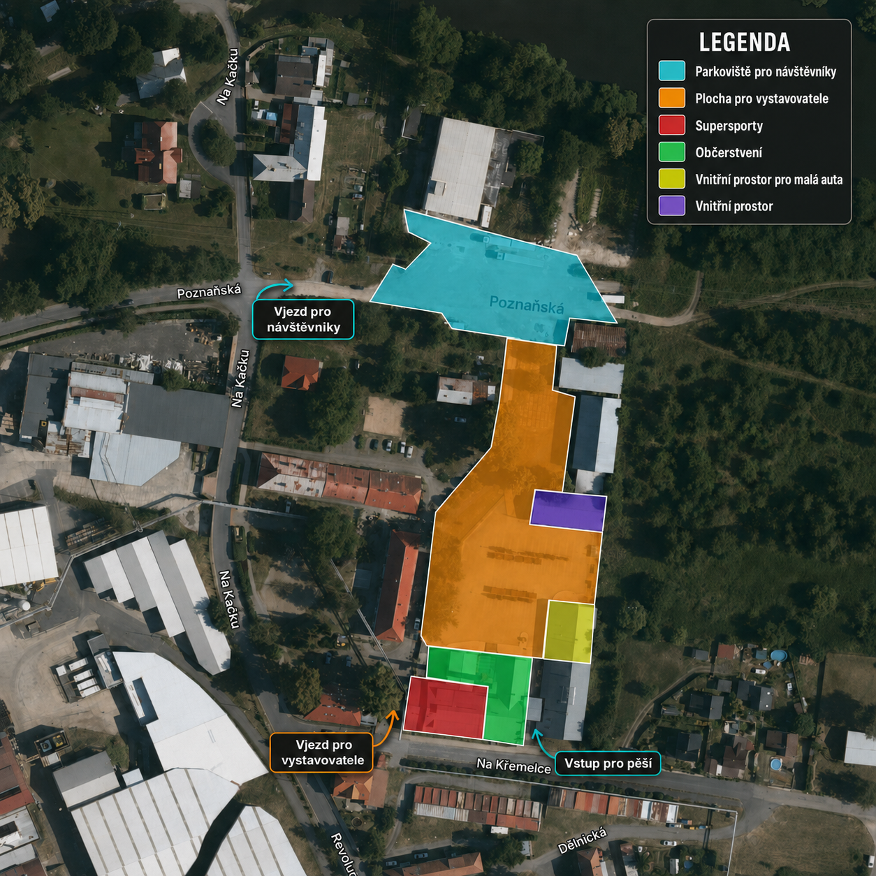 Mapa areálu Meet & Eat 2026 s vyznačenými parkovacími a programovými zónami a vstupy